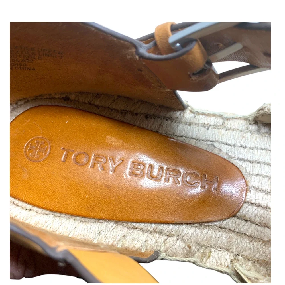 Tory Burch Sz 11 Fisherman Platform Espadrilles Silver/Brandy Leather Nautical